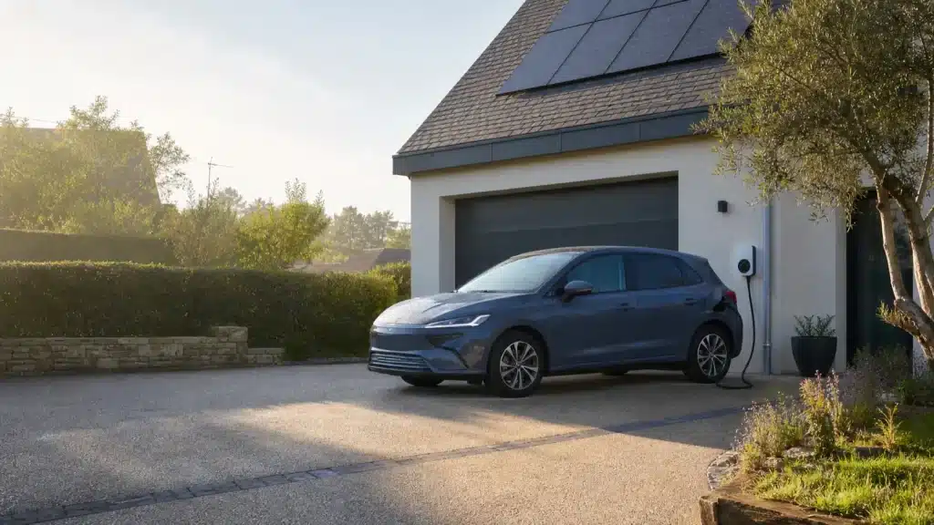 Un véhicule électrique garé devant une maison