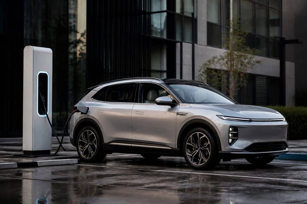 SUV électrique moderne branché à une borne sur une aire de recharge