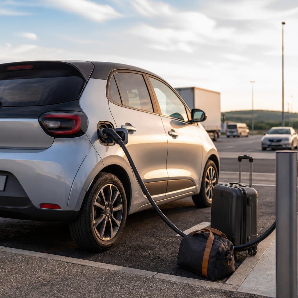 Gros plan d'un connecteur de recharge branché à une voiture électrique