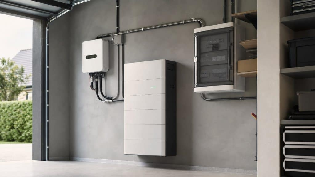 Batterie domestique murale installée dans un garage moderne à côté d'un onduleur solaire