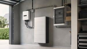 Batterie domestique murale installée dans un garage moderne à côté d'un onduleur solaire
