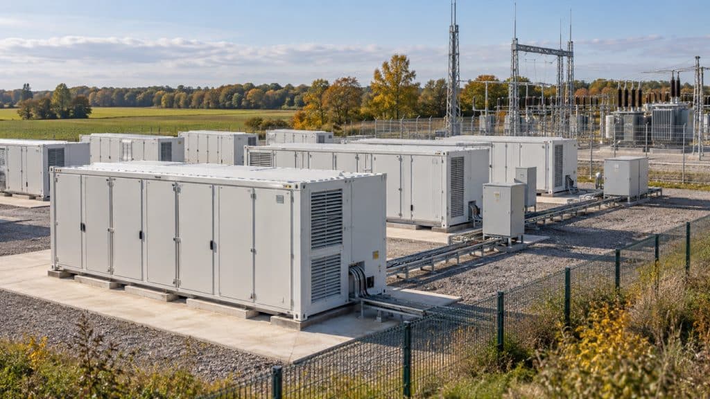 Illustration de conteneurs de batteries stationnaires et d'un poste électrique dans un paysage de plaine