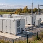 Illustration de conteneurs de batteries stationnaires et d'un poste électrique dans un paysage de plaine