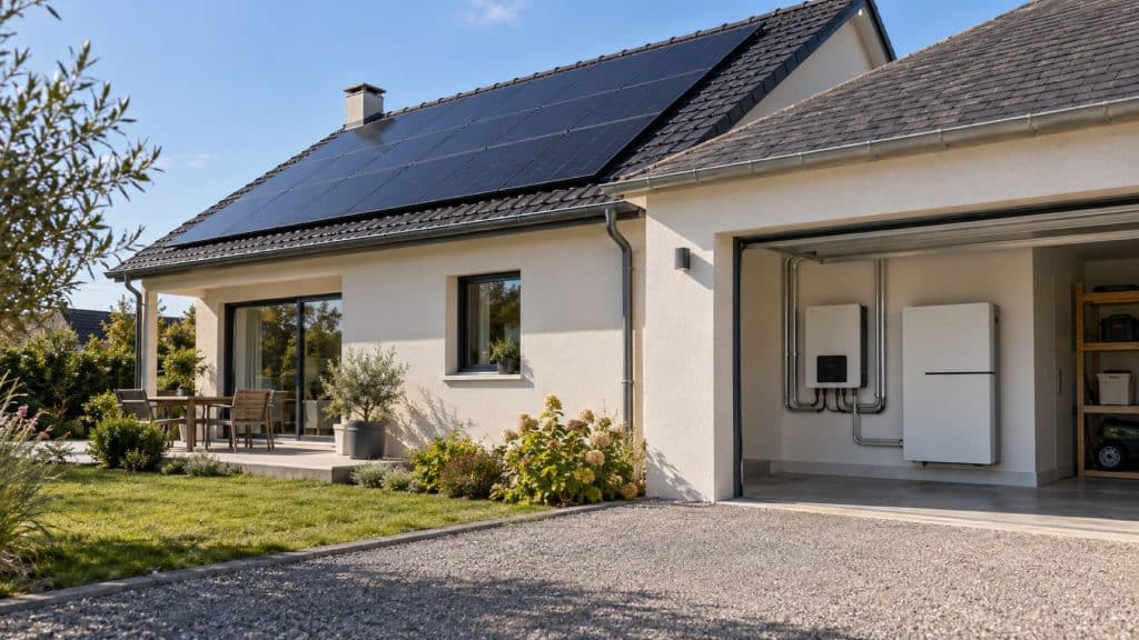 Illustration de panneaux solaires sur une maison et d'une batterie domestique installée à l'intérieur