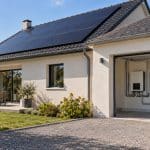 Illustration de panneaux solaires sur une maison et d'une batterie domestique installée à l'intérieur