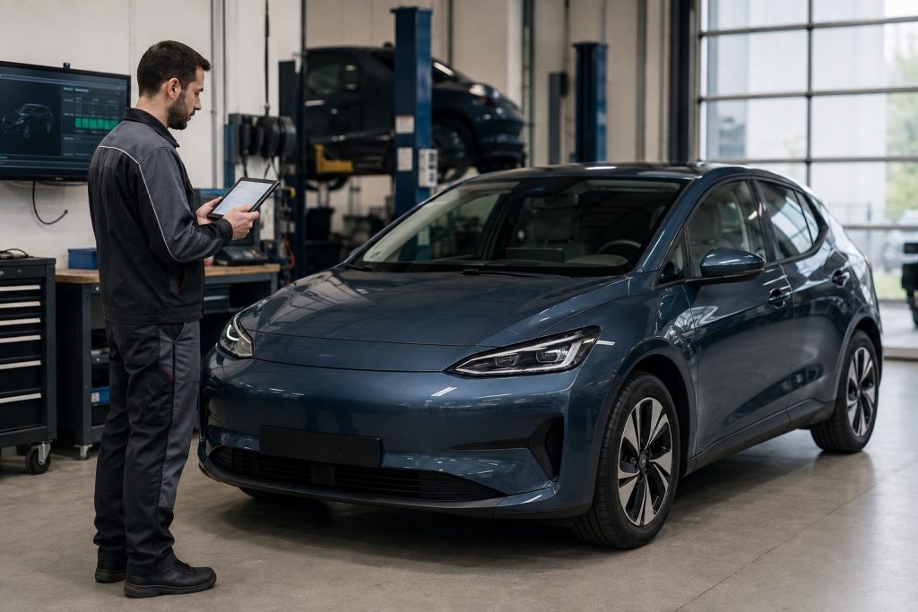 Technicien contrôlant la batterie d'une voiture électrique d'occasion dans un atelier