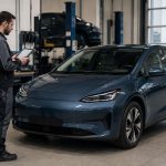 Technicien contrôlant la batterie d'une voiture électrique d'occasion dans un atelier