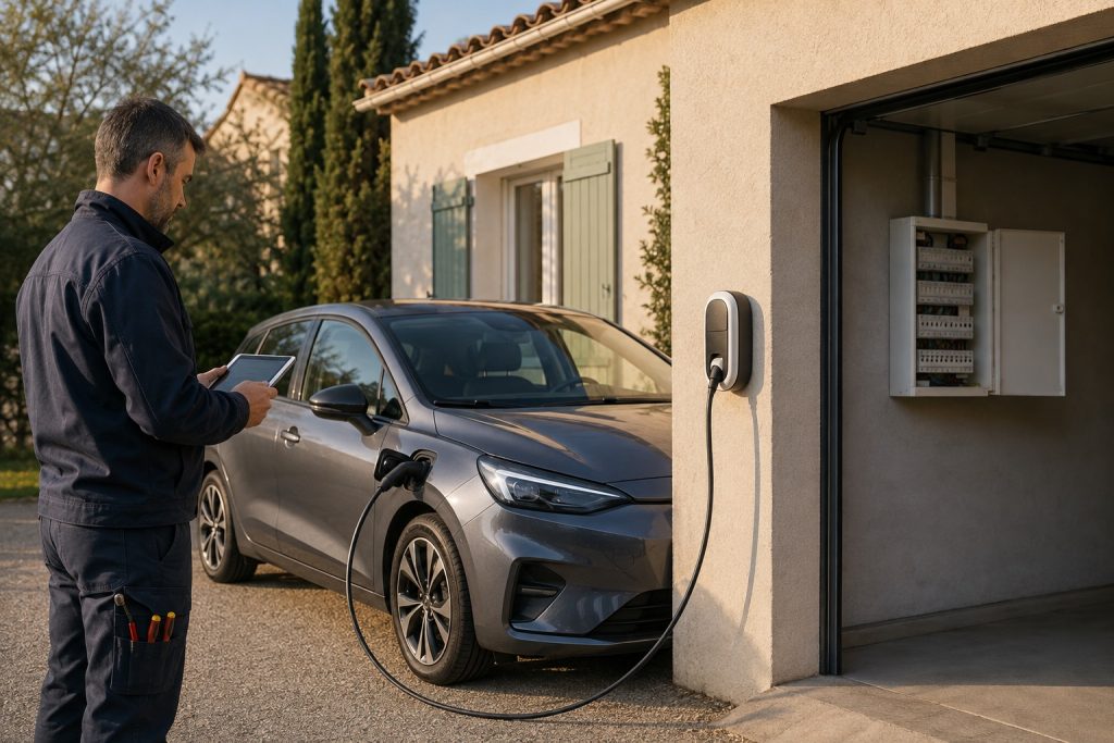 Électricien contrôlant la puissance disponible pendant la recharge d'une voiture électrique