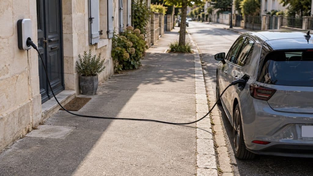 Illustration d'un unique câble de recharge reliant une maison à une voiture électrique au-delà du trottoir
