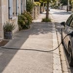 Illustration d'un unique câble de recharge reliant une maison à une voiture électrique au-delà du trottoir