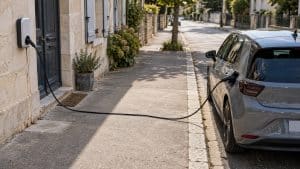 Illustration d'un unique câble de recharge reliant une maison à une voiture électrique au-delà du trottoir