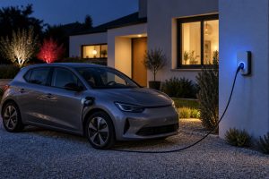 Voiture électrique en recharge nocturne devant une maison pendant une journée Tempo