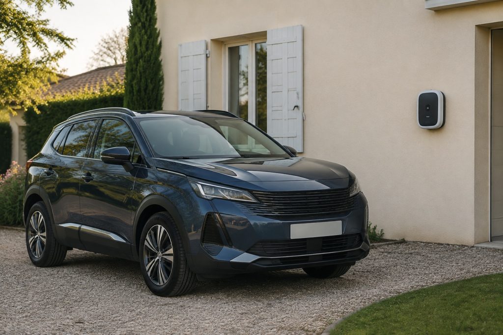 Voiture hybride rechargeable garée devant une maison près d'une borne inutilisée