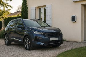 Voiture hybride rechargeable garée devant une maison près d'une borne inutilisée