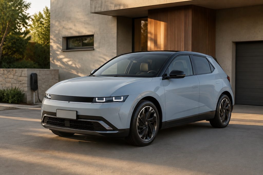 Citadine électrique moderne de style Hyundai stationnée devant une maison française contemporaine