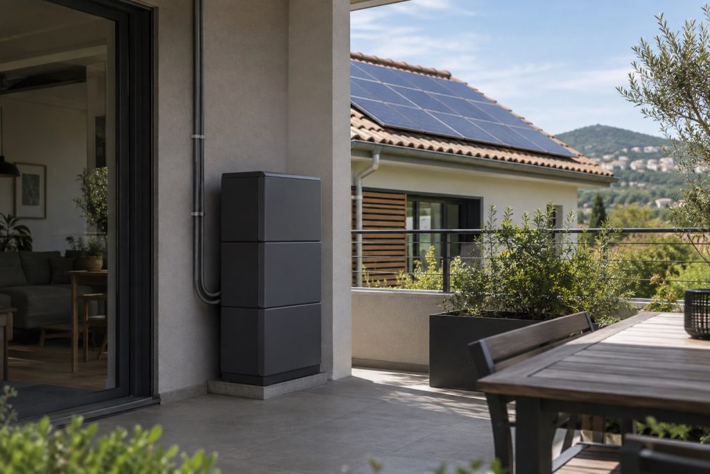 Batterie solaire modulaire installée sur le balcon d'une maison équipée de panneaux photovoltaïques