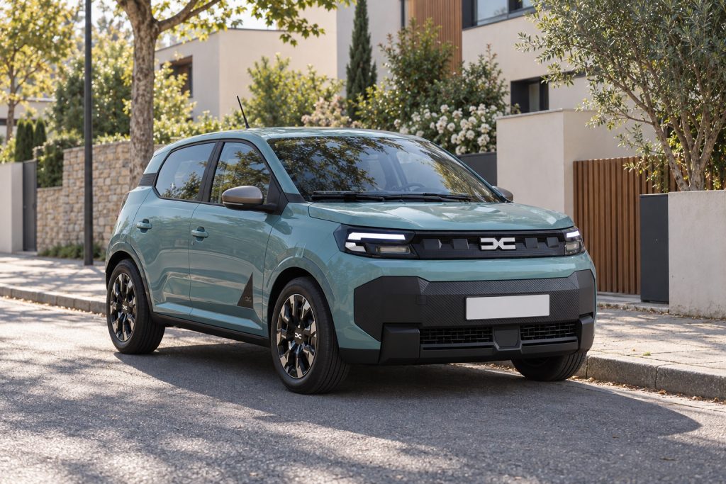 Nouvelle Dacia Spring 2026 de deuxième génération dans une rue résidentielle