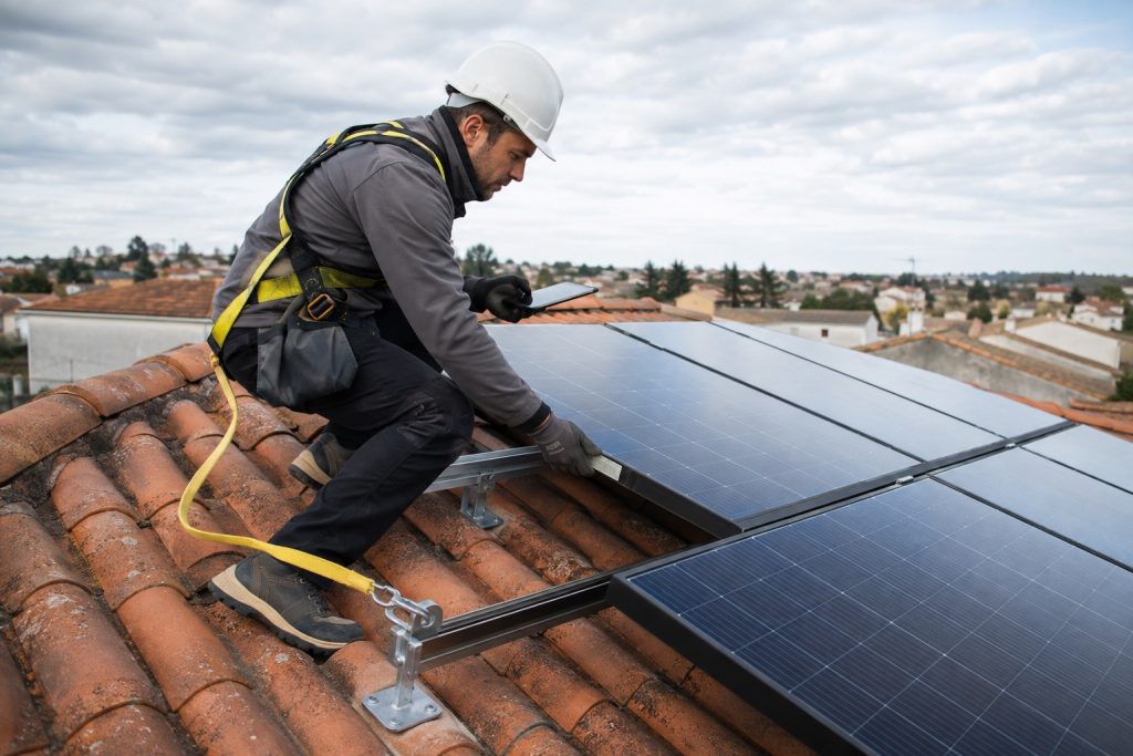 Installateur vérifiant la référence de panneaux solaires sur le toit d'une maison