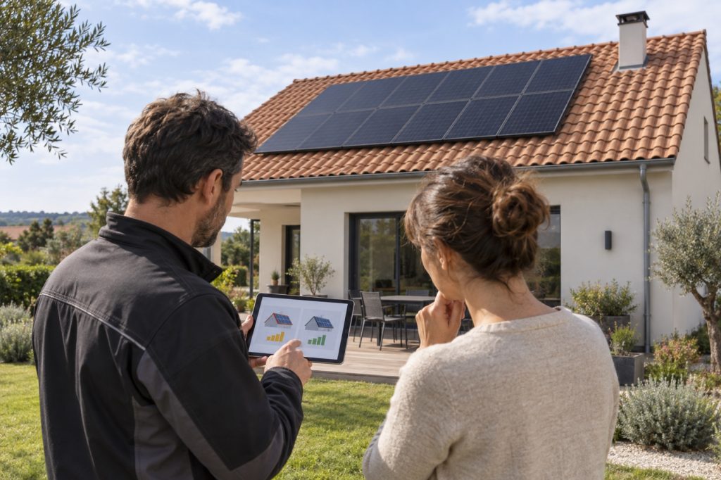Installateur et propriétaire comparant le dimensionnement de panneaux solaires sur une maison
