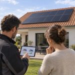 Installateur et propriétaire comparant le dimensionnement de panneaux solaires sur une maison