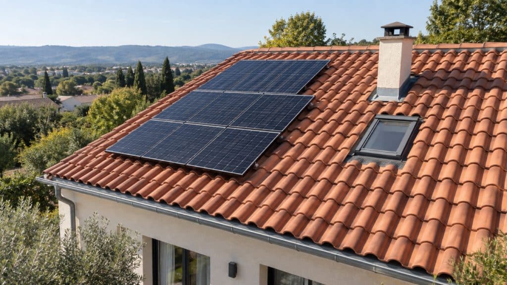 Vue oblique d'une toiture en tuiles avec panneaux solaires et fenêtre de toit