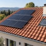 Vue oblique d'une toiture en tuiles avec panneaux solaires et fenêtre de toit