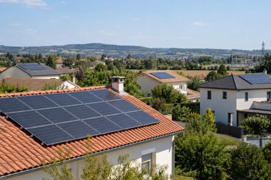 Toitures de maisons françaises équipées de panneaux photovoltaïques dans un paysage ensoleillé