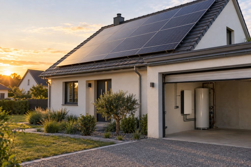 Maison équipée de panneaux photovoltaïques et d'une batterie pour décaler la consommation solaire