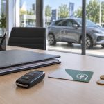 Dossier d'achat d'une voiture électrique avec clé et pièces en euros