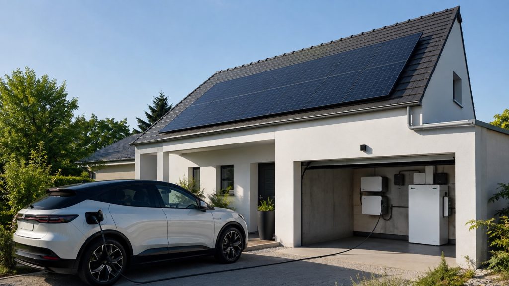 Maison équipée de panneaux solaires avec batterie domestique et voiture électrique en recharge de jour