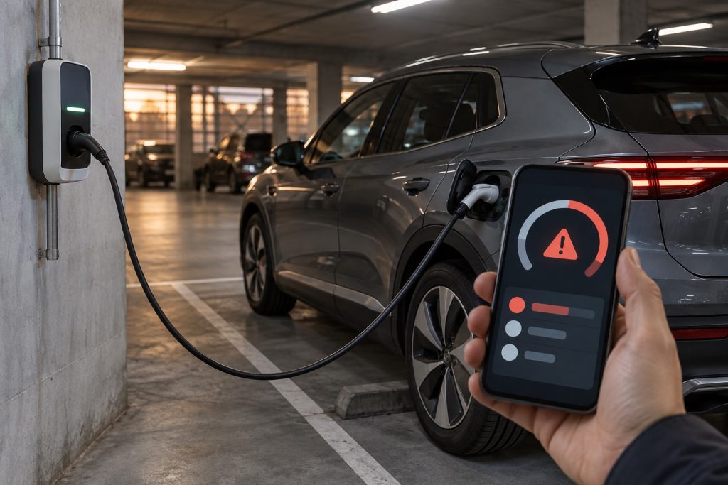 Automobiliste contrôlant sur son téléphone une anomalie après une recharge électrique