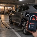 Automobiliste contrôlant sur son téléphone une anomalie après une recharge électrique