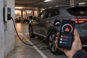 Automobiliste contrôlant sur son téléphone une anomalie après une recharge électrique
