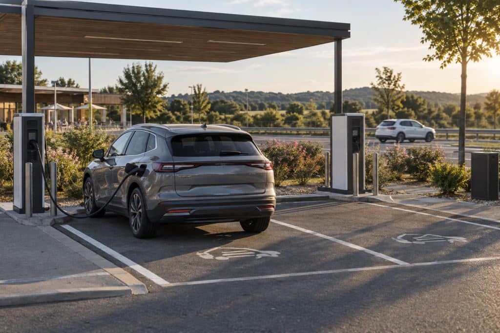 Voiture électrique branchée à une borne rapide sur une aire d'autoroute en été