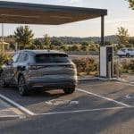 Voiture électrique branchée à une borne rapide sur une aire d'autoroute en été