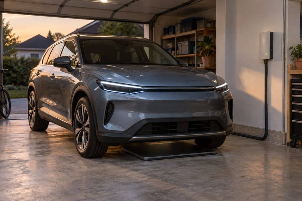 Voiture électrique stationnée au-dessus d'une plaque de recharge sans fil