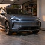 Voiture électrique stationnée au-dessus d'une plaque de recharge sans fil