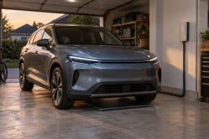 Voiture électrique stationnée au-dessus d'une plaque de recharge sans fil
