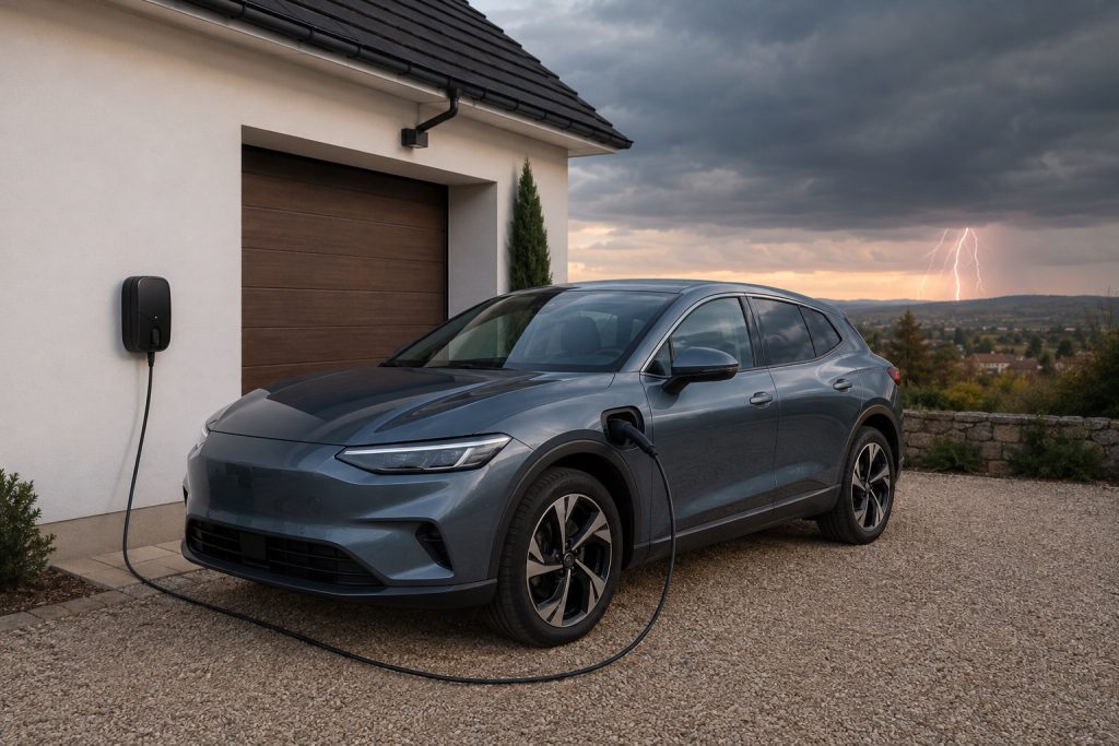 Voiture électrique branchée à une borne domestique alors qu'un orage approche