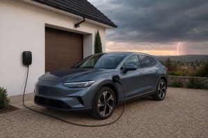 Voiture électrique branchée à une borne domestique alors qu'un orage approche