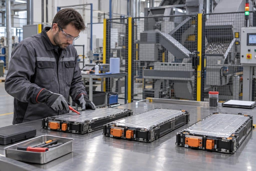 Technicien préparant des modules de batterie électrique pour leur recyclage