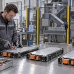 Technicien préparant des modules de batterie électrique pour leur recyclage