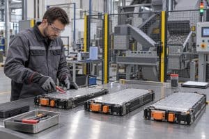 Technicien préparant des modules de batterie électrique pour leur recyclage