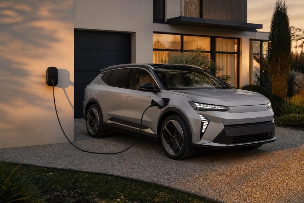 SUV électrique familial en recharge devant une maison moderne avec borne résidentielle