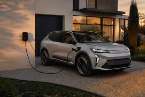SUV électrique familial en recharge devant une maison moderne avec borne résidentielle
