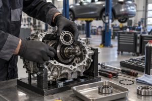 Technicien réparant un réducteur de voiture électrique sur un établi professionnel