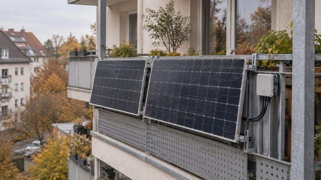 Illustration de deux panneaux photovoltaïques fixés à la rambarde d'un balcon