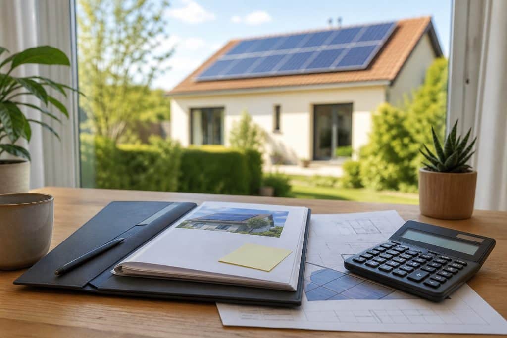 Maison française avec panneaux solaires et dossier de devis ouvert sur une table