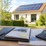 Maison française avec panneaux solaires et dossier de devis ouvert sur une table