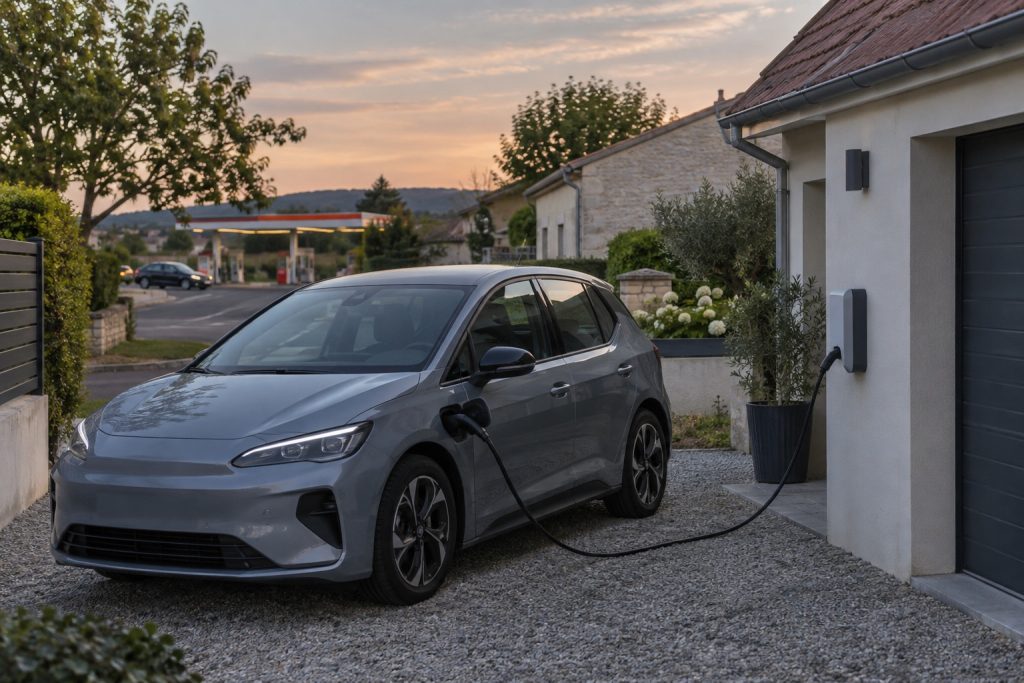 Voiture électrique en recharge à domicile avec une station-service visible au loin
